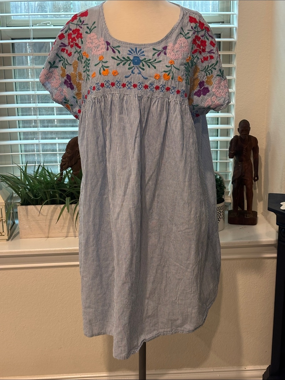 Women’s  Blue Striped Embroidered Smock Dress has pockets